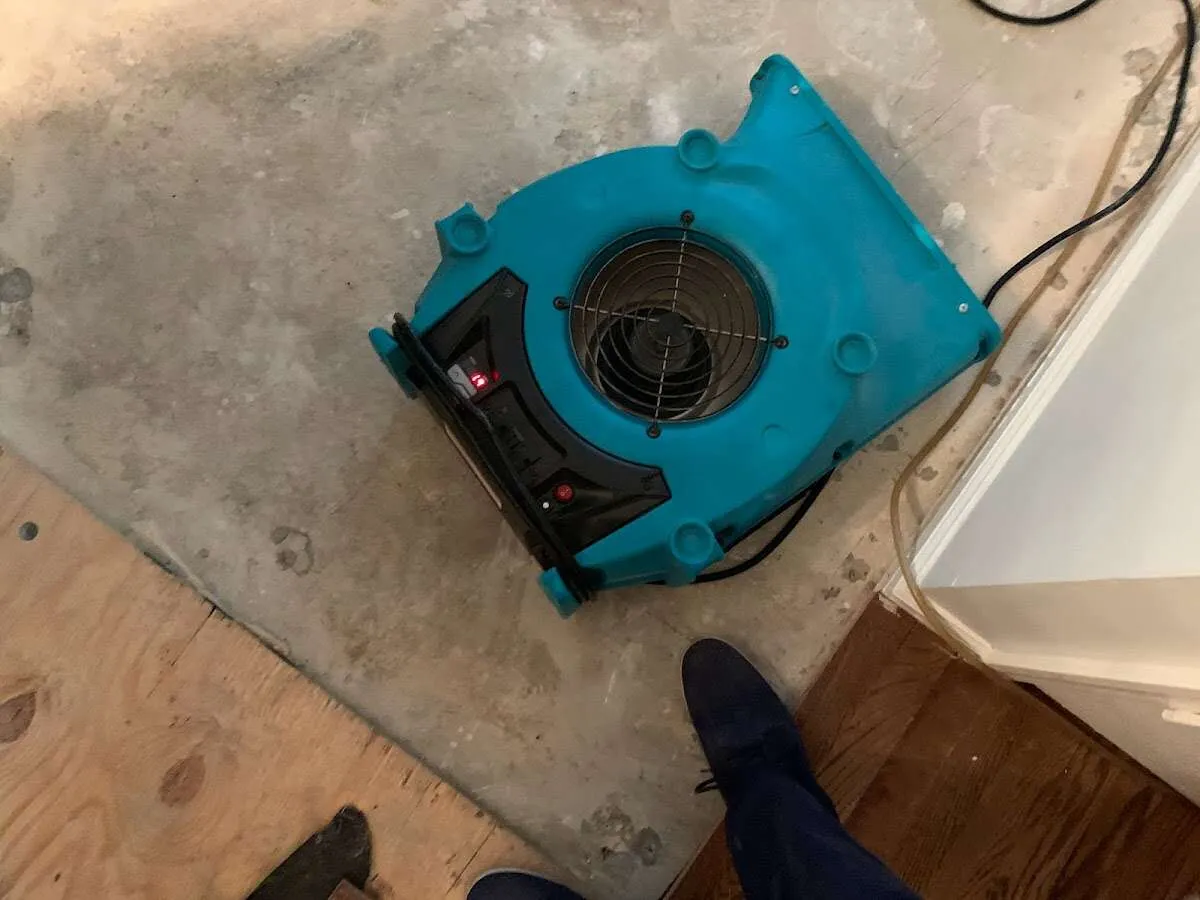 Air mover drying subfloor during Leak Detection & Repair in Muscle Shoals